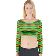 Bright Green Orange Lines Stripes Long Sleeve Crop Top by BrightVibesDesign