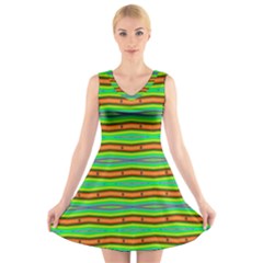 Bright Green Orange Lines Stripes V-neck Sleeveless Skater Dress