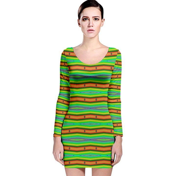 Bright Green Orange Lines Stripes Long Sleeve Velvet Bodycon Dress