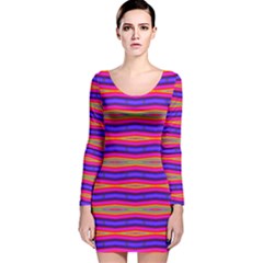 Bright Pink Purple Lines Stripes Long Sleeve Velvet Bodycon Dress