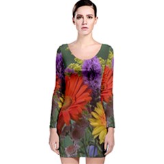 Colorful Flowers Long Sleeve Velvet Bodycon Dress