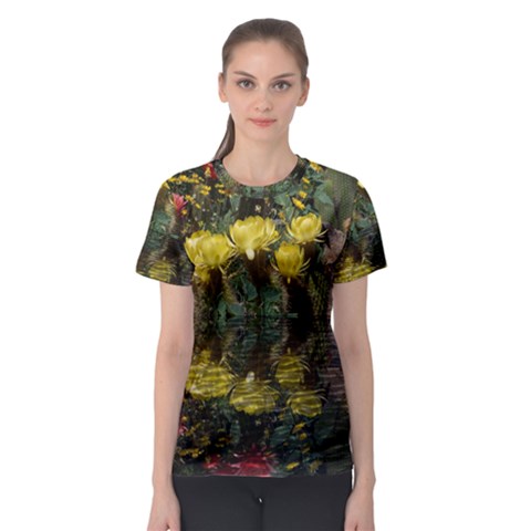 Cactus Flowers With Reflection Pool Women s Sport Mesh Tee by MichaelMoriartyPhotography