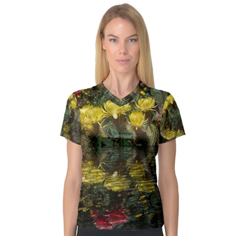 Cactus Flowers With Reflection Pool Women s V-neck Sport Mesh Tee by MichaelMoriartyPhotography