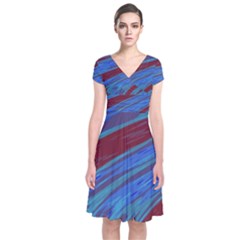 Swish Blue Red Abstract Short Sleeve Front Wrap Dress by BrightVibesDesign