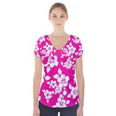 Pink Hawaiian Short Sleeve Front Detail Top