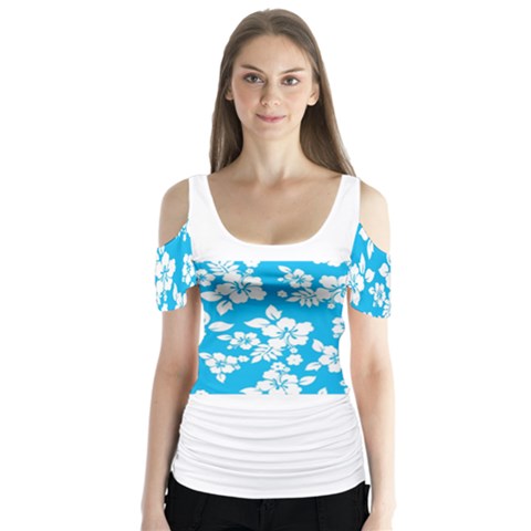 Light Blue Hawaiian Butterfly Sleeve Cutout Tee  by AlohaStore