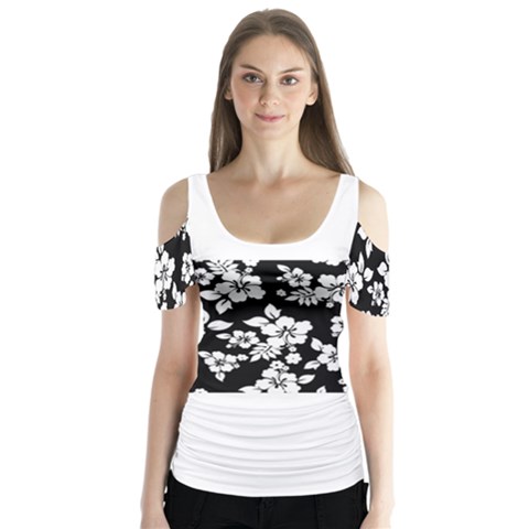 Black And White Hawaiian Butterfly Sleeve Cutout Tee  by AlohaStore