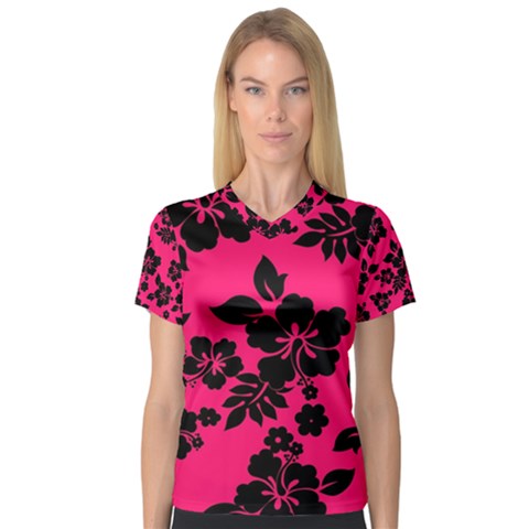 Dark Pink Hawaiian Women s V-neck Sport Mesh Tee by AlohaStore