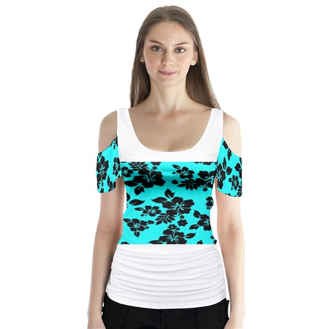 Blue Dark Hawaiian Butterfly Sleeve Cutout Tee  by AlohaStore