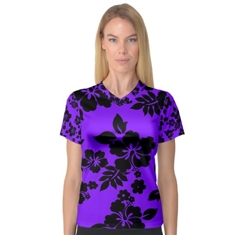 Violet Dark Hawaiian Women s V-neck Sport Mesh Tee by AlohaStore