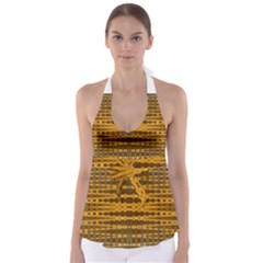 Yellow Gold Khaki Glow Pattern Babydoll Tankini Top by BrightVibesDesign