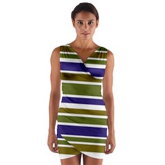 Olive Green Blue Stripes Pattern Wrap Front Bodycon Dress by BrightVibesDesign