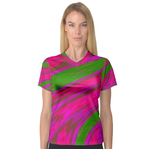 Swish Bright Pink Green Design Women s V-neck Sport Mesh Tee by BrightVibesDesign