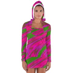 Swish Bright Pink Green Design Women s Long Sleeve Hooded T-shirt by BrightVibesDesign