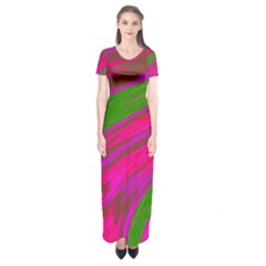 Swish Bright Pink Green Design Short Sleeve Maxi Dress by BrightVibesDesign