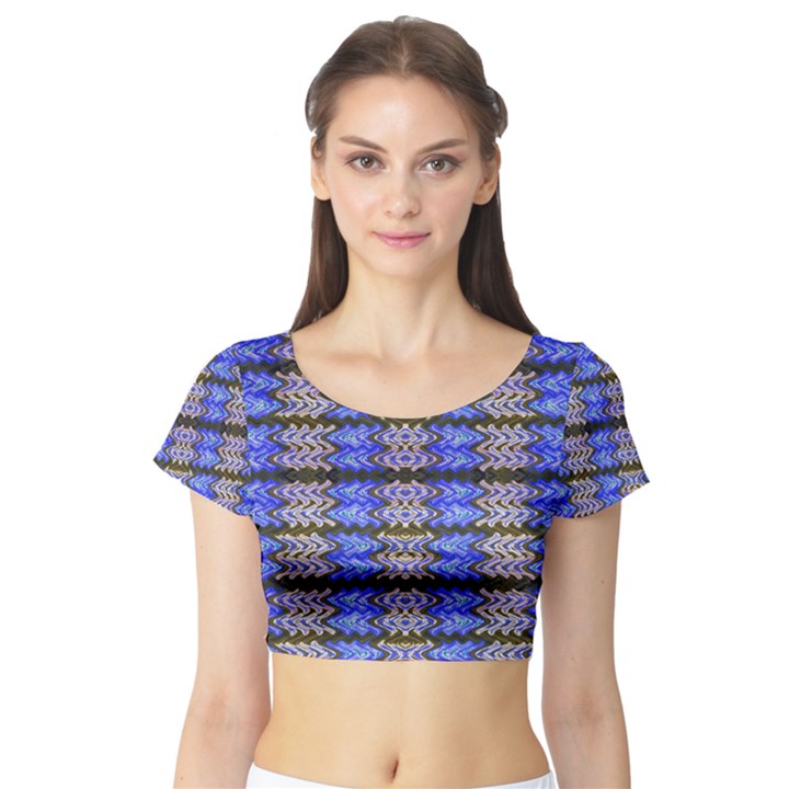 Pattern Tile Blue White Green Short Sleeve Crop Top (Tight Fit)