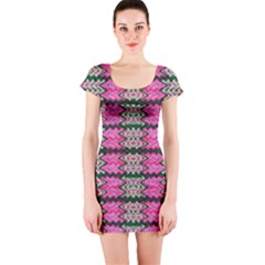 Pattern Tile Pink Green White Short Sleeve Bodycon Dress by BrightVibesDesign