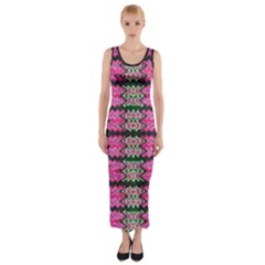 Pattern Tile Pink Green White Fitted Maxi Dress by BrightVibesDesign