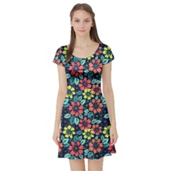 Tropical Flowers Short Sleeve Skater Dress by olgart