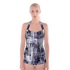 Urban Graffiti Boyleg Halter Swimsuit  by ArtistRoseanneJones