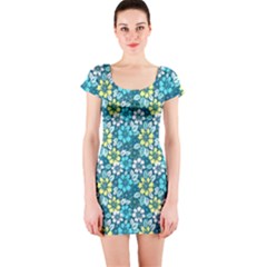 Tropical Flowers Menthol Color Short Sleeve Bodycon Dress