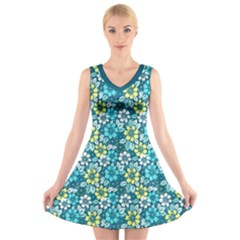 Tropical Flowers Menthol Color V-neck Sleeveless Skater Dress