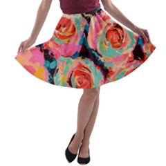 Painted Pastel Roses A-line Skater Skirt by LisaGuenDesign