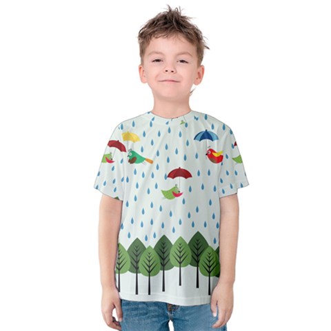 Birds In The Rain Kid s Cotton Tee by justynapszczolka