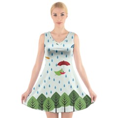 Birds In The Rain V-neck Sleeveless Skater Dress