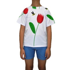 Red Tulip And Bee Kid s Short Sleeve Swimwear by Valentinaart