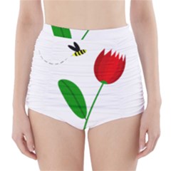 Red Tulip And Bee High-waisted Bikini Bottoms by Valentinaart