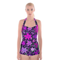 Purple Fowers Boyleg Halter Swimsuit 