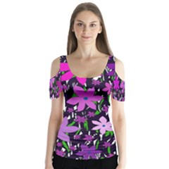 Purple Fowers Butterfly Sleeve Cutout Tee 