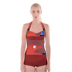 Red Monster Fish Boyleg Halter Swimsuit  by Valentinaart