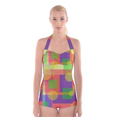 Colorful geometrical design Boyleg Halter Swimsuit 