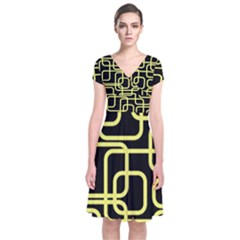 Yellow And Black Decorative Design Short Sleeve Front Wrap Dress by Valentinaart