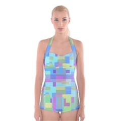 Pastel Geometrical Desing Boyleg Halter Swimsuit  by Valentinaart