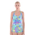 Pastel geometrical desing Boyleg Halter Swimsuit  View1