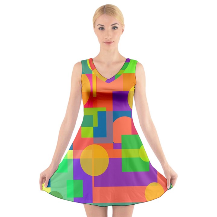 Colorful geometrical design V-Neck Sleeveless Skater Dress