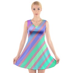 Pastel Colorful Lines V-neck Sleeveless Skater Dress