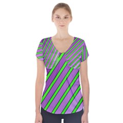 Purple And Green Lines Short Sleeve Front Detail Top