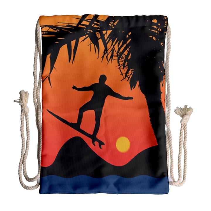 Man Surfing at Sunset Graphic Illustration Drawstring Bag (Large)