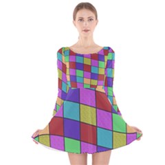 Colorful Cubes  Long Sleeve Velvet Skater Dress