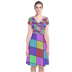 Colorful Cubes  Short Sleeve Front Wrap Dress by Valentinaart