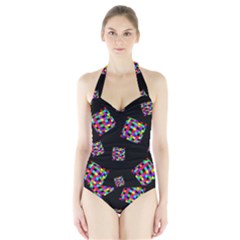 Flying  Colorful Cubes Halter Swimsuit