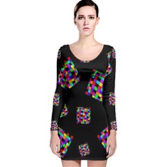 Flying  Colorful Cubes Long Sleeve Velvet Bodycon Dress