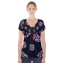 Flying  Colorful Cubes Short Sleeve Front Detail Top