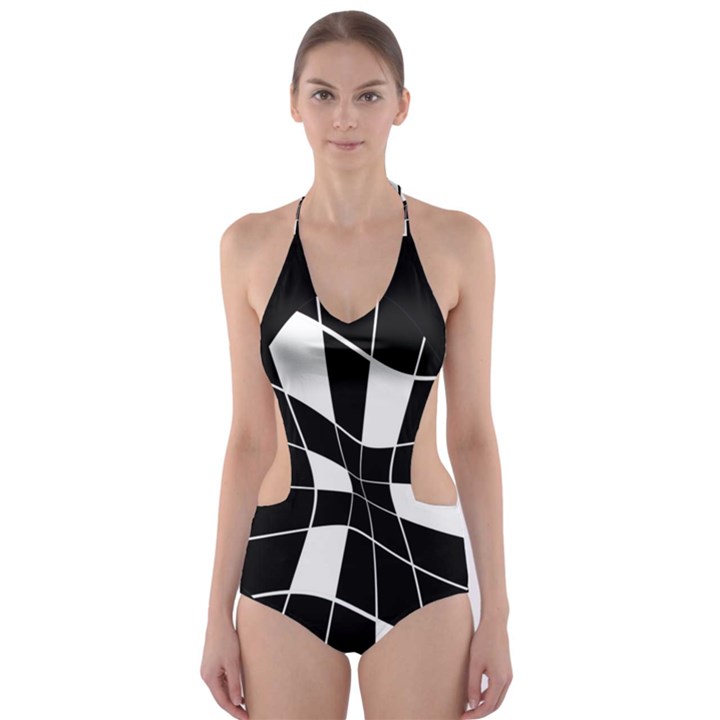 Black and white abstract flower Cut-Out One Piece Swimsuit