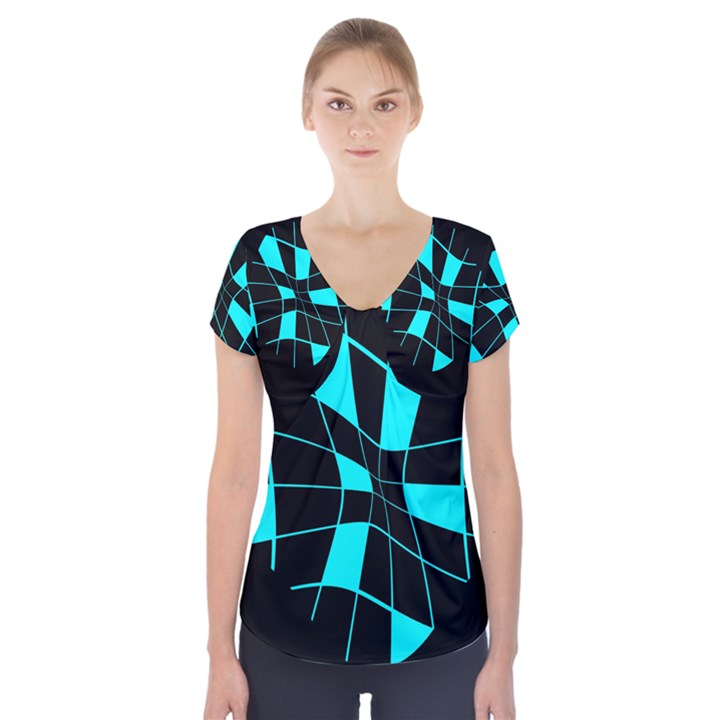 Blue abstract flower Short Sleeve Front Detail Top