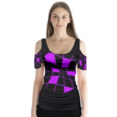 Purple Abstract Flower Butterfly Sleeve Cutout Tee 